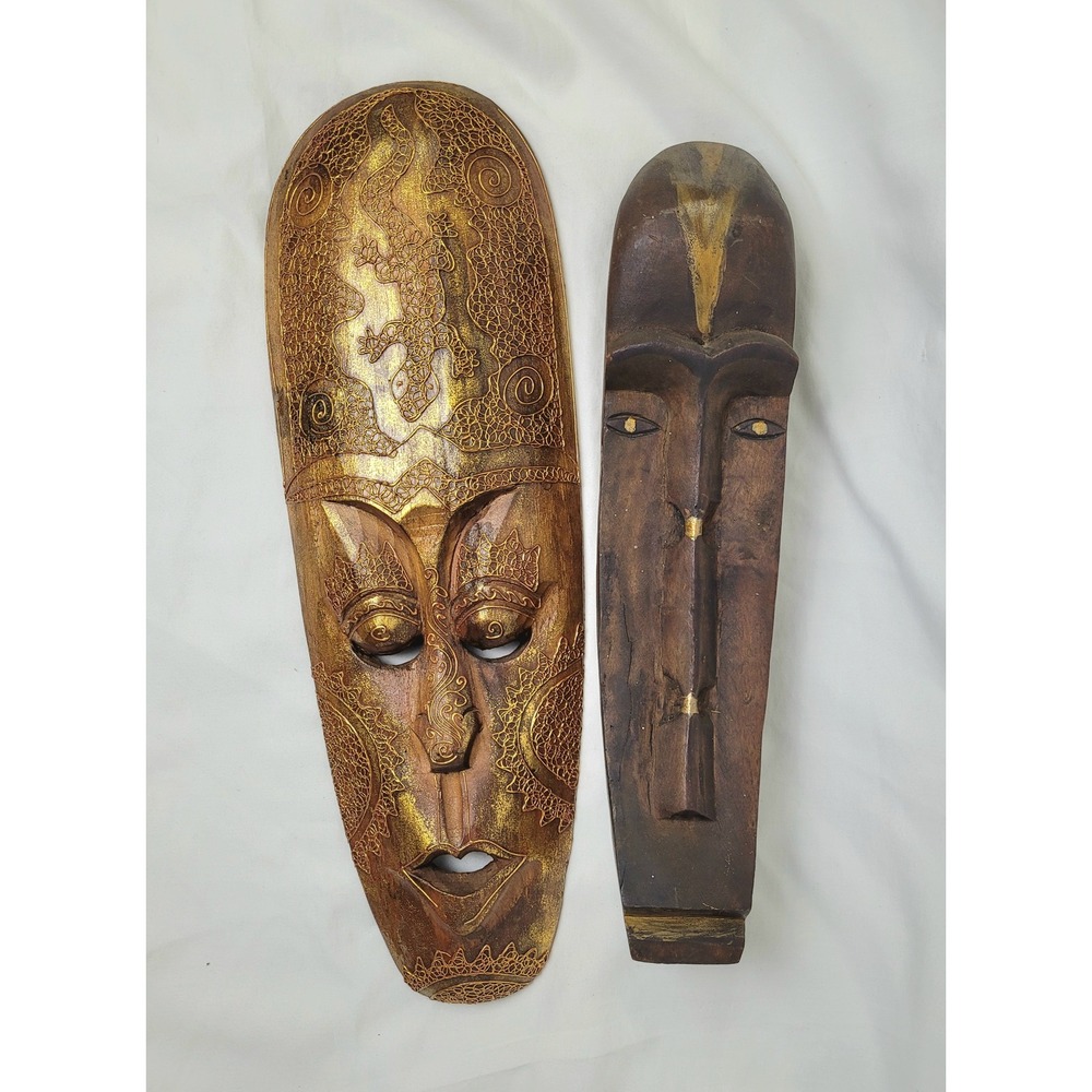 Vintage Hand Carved Wooden Tribal Wall Masks Set of 2 Gold Lizard Decor